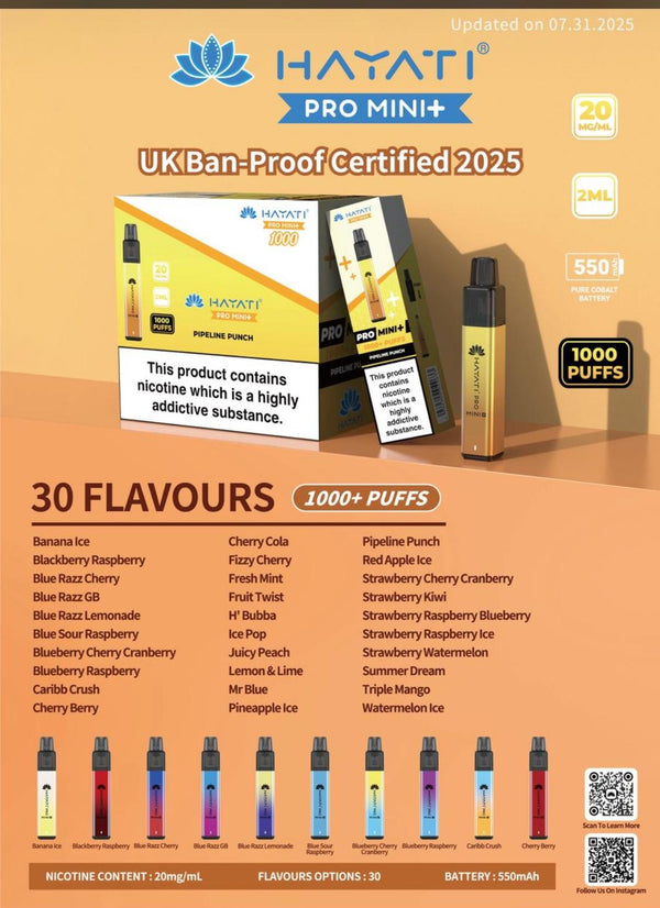 Hayati Pro mini+ 1000 Puffs Vape Pod Kit - 20mg Pack of 10 Simbavapes